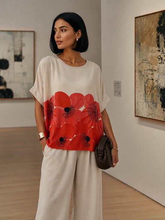 Akris Tops - Akris Poppies Print Mulberry Silk Knit Oversized Designer Top Quiet Luxury Sz 8